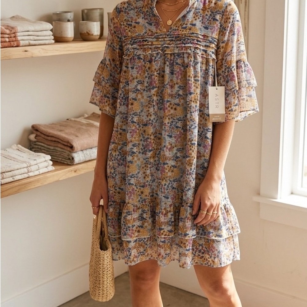 DownEast Floral Midi Dress in Yellow, Blue, Pink